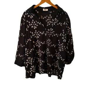 Kindred Black Floral Embroidered Collared Button Up Shirt Top Women Plus Size 2X